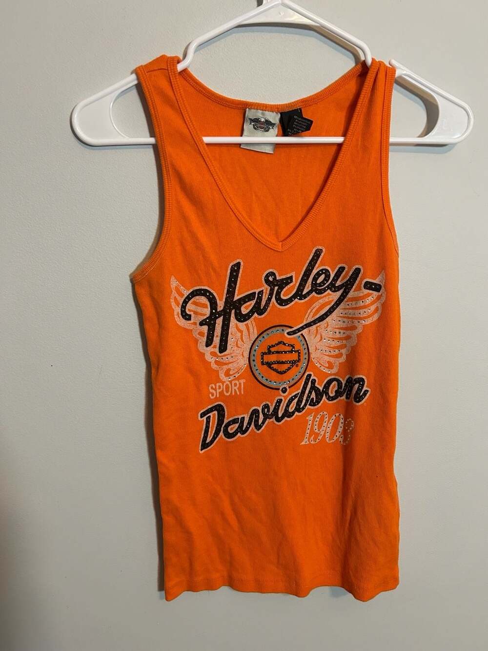 Harley-Davidson Sport 1903 Rhinestone Graphic Ribbed Tank Top Orange